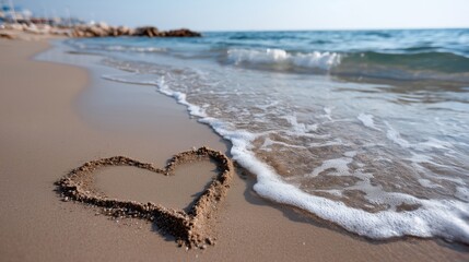Heart Shape Drawn in Beach Sand with Gentle Waves