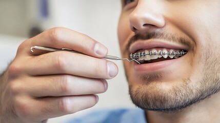 Close up of male orthodontist adjusting braces on a patient focus on hands and dental tools professional clinical setting high detail macro shot