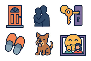 Homecoming vibes icon set. flat style family, pet, and home symbols