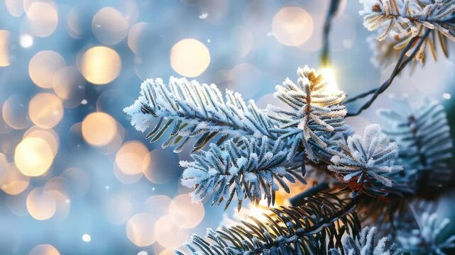 A close-up shot of a pine tree branch covered in frost with a background of bokeh lights and snowflakes. The image evokes a sense of winter and holiday, depicting a festive outdoor setting.