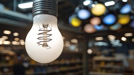 Close up of white light bulb with a spiral filament an old electric lamp hanging in an industrial warehouse a futuristic energy efficient smart bulb an artistic arrangement of colorful light bulbs