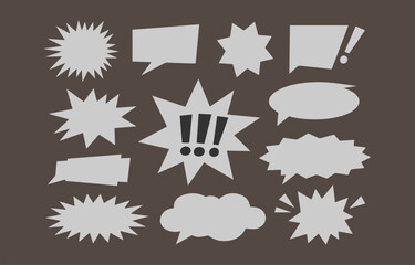 Collection of various speech bubbles comic bubbles and burst shapes in a light gray color against a dark brown background perfect for adding emphasis to your designs