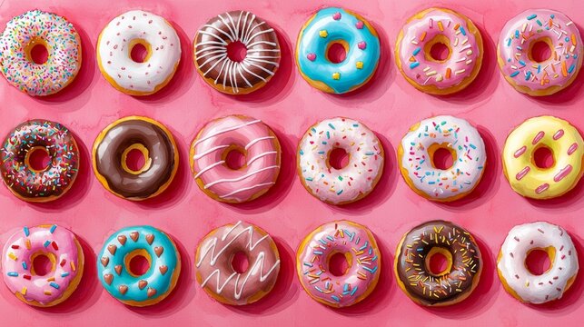 Delicious National Donut Day Watercolor Painting with American Celebration Theme on Ruby Red Background
