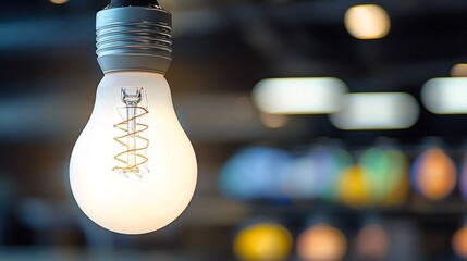 Close up of white light bulb with a spiral filament an old electric lamp hanging in an industrial warehouse a futuristic energy efficient smart bulb an artistic arrangement of colorful light bulbs