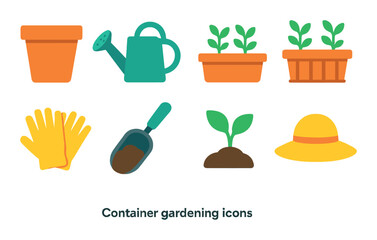 Container gardening flat icon set. planting and horticulture symbols