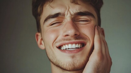 Close up portrait of handsome young Caucasian man with a warm smile experiencing toothache touching his cheek