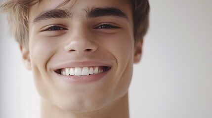 Close up portrait of young man with a gentle smile highlighting his healthy teeth