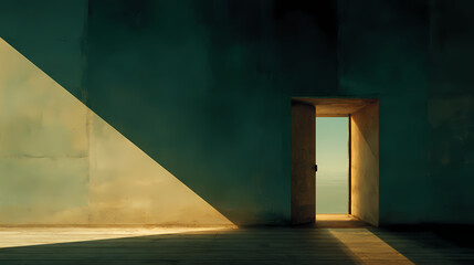 book cover for modern fiction | solitude in modernity | urban melancholy | sepia and jade | still horizon line | open door to void | diagonal light beam | minimalist architectural framing | interwar