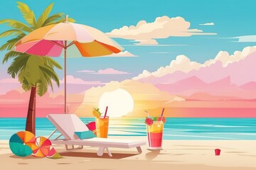 Summer Vacation Beach Illustration — Flat Vector with Palm Trees, Coconut Drink, and Sunset