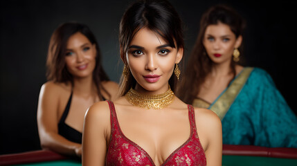 Beautiful women in elegant dresses and gold jewelry posing for a fashion show event photo shoot