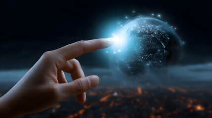 Hand touching global network connection, digital technology and future innovation concept design