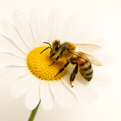 A honeybee diligently collects nectar from a vibrant white daisy flower, showcasing intricate details of both insect and bloom in a close-up nature study.