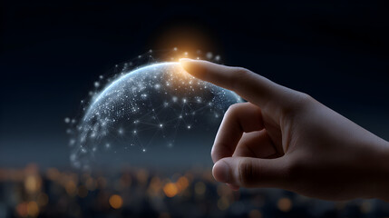 Hand touching digital globe technology innovation futuristic world connection network concept