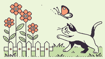 Vibrant Pixel Art Illustration of a Playful Cat with Butterfly in a Blocky Flower Garden Design  