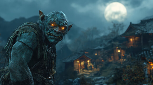 A dark, gloomy and scary night with a full moon and monsters or ogres staring at you with glowing eyes from the entrance of an oriental village of tile-roofed houses.