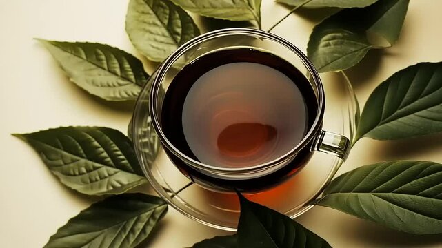 Aromatic Tea Infusion: Serene Moment with Glass Cup Amidst Fresh Green Leaves