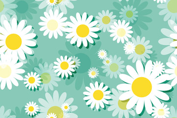 Obraz premium Seamless floral pattern with White daisy camomiles, perfect for spring and summer nature-inspired designs Green Background