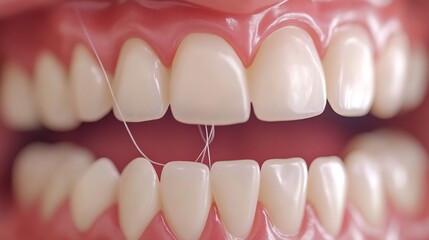 Dental floss being used clean between teeth close up