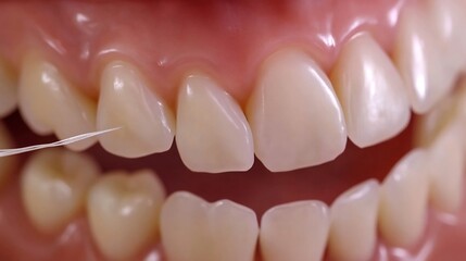 Dental floss being used clean between teeth close up