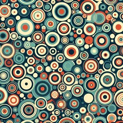 Retro-inspired seamless pattern with layered circles in a palette of orange, teal, and cream.