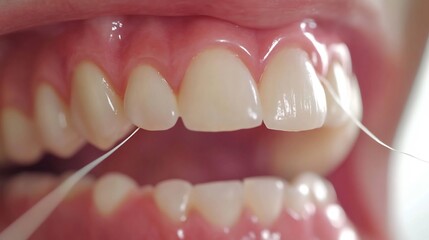 Dental floss being used clean between teeth close up