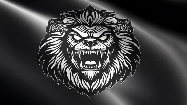 Animated lion head roaring with energy against a dark flowing background