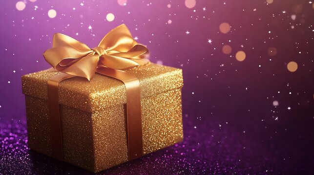 sophisticated gift box wrapped in gold and white, detailed textures and sparkles on silky fabric, cinematic lighting and photorealistic quality for luxury holiday or celebration theme 