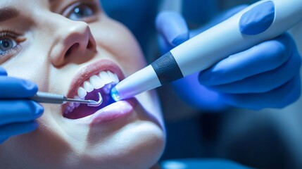 Dental hygienist cleaning patient's teeth with an ultrasonic scaler close up