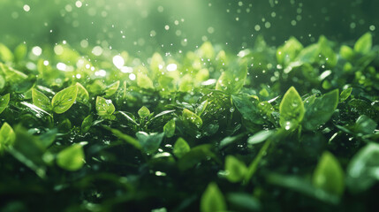 Fresh green leaves with water droplets in soft sunlight, macro nature background with dewdrops and cinematic bokeh effect