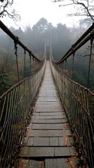 Obraz premium A rustic rope suspension bridge stretches across a misty valley, its wooden planks leading into a fog-shrouded forest