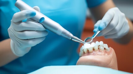 Dental hygienist cleaning patient's teeth with an ultrasonic scaler close up