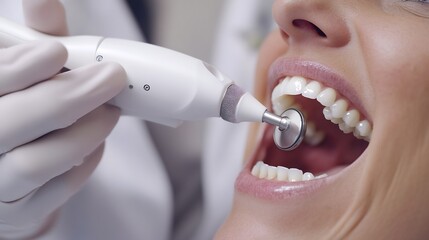 Dental hygienist cleaning patient's teeth with an ultrasonic scaler close up