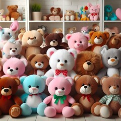 A diverse collection of plush teddy bears and stuffed animals are arranged on shelves and floor.