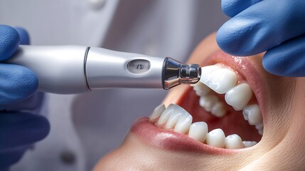 Dental hygienist cleaning patient's teeth with an ultrasonic scaler close up