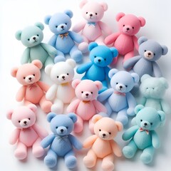 Obraz premium Collection of pastel teddy bears arranged together on a white background create calm harmony.