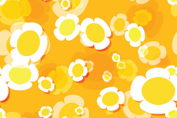 A vibrant, Floral seamless pattern of retro orange and yellow circles, with colorful round elements and a subtle texture, perfect for a cheerful summer illustration or decorative wallpaper