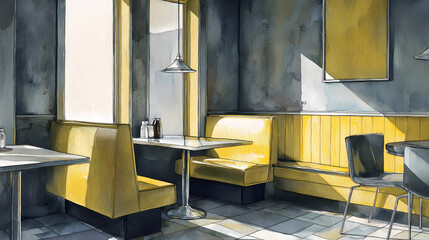 visual for architectural solitude article | void within space | emotional distance | grey and lemon | architectural grid | lone diner | muted color field | understated contrast | New England