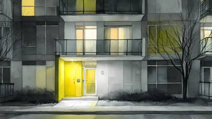 visual for architectural solitude article | solitude in modernity | existential stillness | grey and lemon | rectilinear framing | late-night apartment | reflective glass textures | selective detail