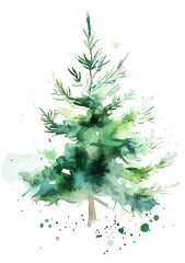 Watercolor Painting of a Green Evergreen Tree