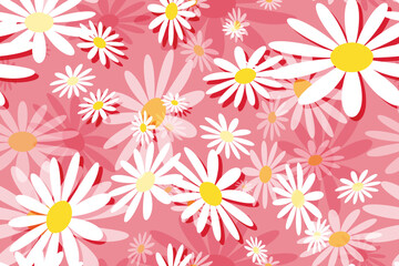 Seamless floral pattern with white and yellow daisy flowers, a beautiful spring nature illustration design pink background