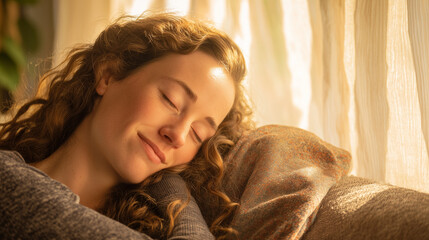 Relaxed young woman sleeping peacefully on comfortable sofa with cozy blanket, enjoying quiet afternoon nap at home. Rest, relaxation and self care lifestyle concept.