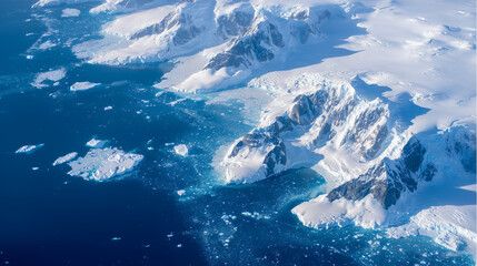 Aerial view of Antarctica's icy coastline with dramatic glaciers meeting the deep blue ocean, vast copy space for text overlay. Polar landscape, climate change, global warming and environmental conser