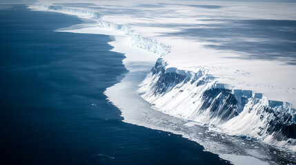 Aerial view of Antarctica's icy coastline with dramatic glaciers meeting the deep blue ocean, vast copy space for text overlay. Polar landscape, climate change, global warming and environmental conser
