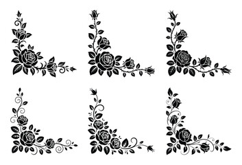 Six black and white rose corner designs