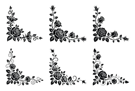 Six black and white rose corner designs