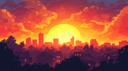 Fototapeta premium Cityscape silhouette at sunset with vibrant sky and warm glowing sunlight