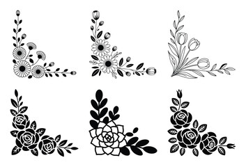 Six black and white floral corner designs
