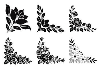 Six black and white floral corner designs