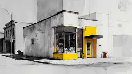 cultural critique layout | light as presence | emotional distance | grey and lemon | depth through shadow | still street corner | sharp window division | understated contrast | roadside culture |