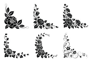 Six black silhouette rose corner designs